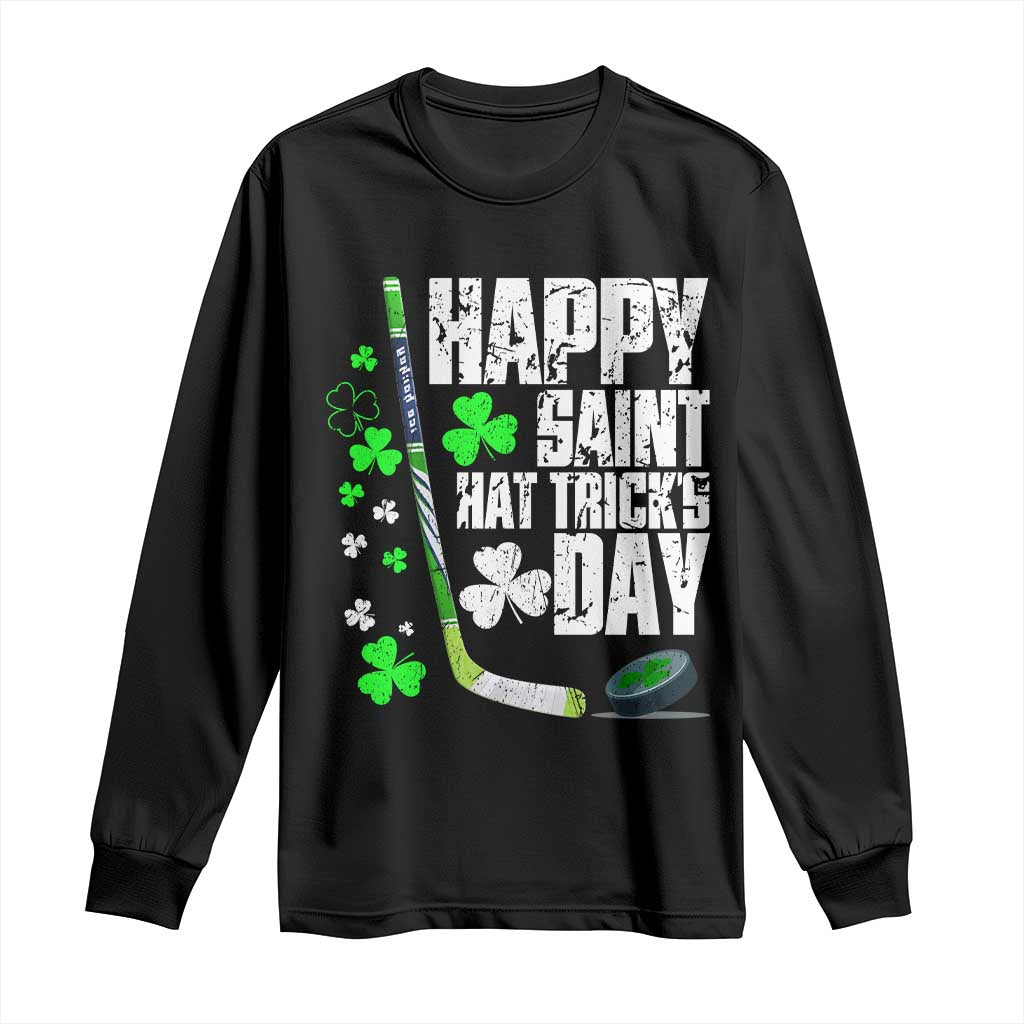 St. Patrick's Day Ice Hockey Long Sleeve Shirt Happy Saint Hat Trick's Lucky Shamrocks TS02 Black Print Your Wear