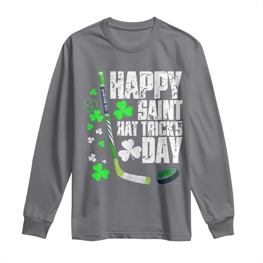 St. Patrick's Day Ice Hockey Long Sleeve Shirt Happy Saint Hat Trick's Lucky Shamrocks TS02 Charcoal Print Your Wear