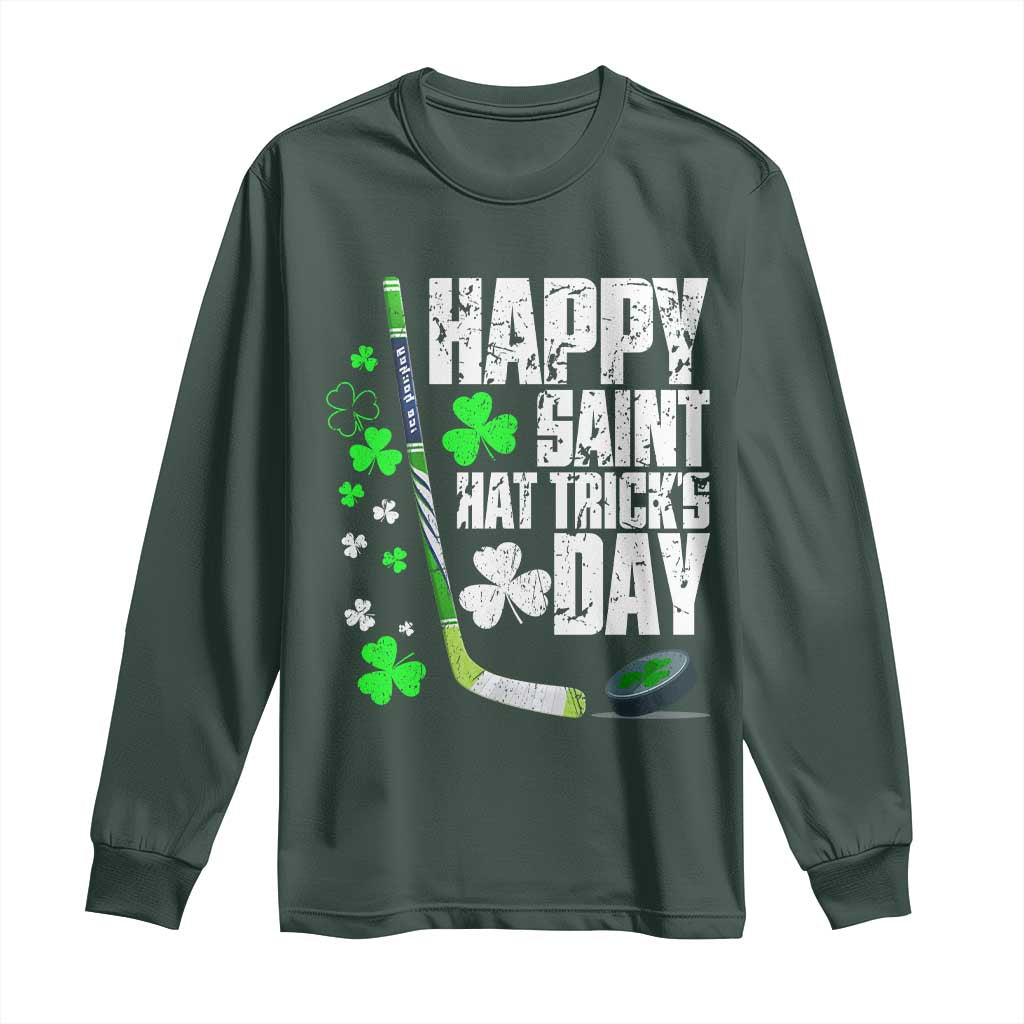St. Patrick's Day Ice Hockey Long Sleeve Shirt Happy Saint Hat Trick's Lucky Shamrocks TS02 Dark Forest Green Print Your Wear