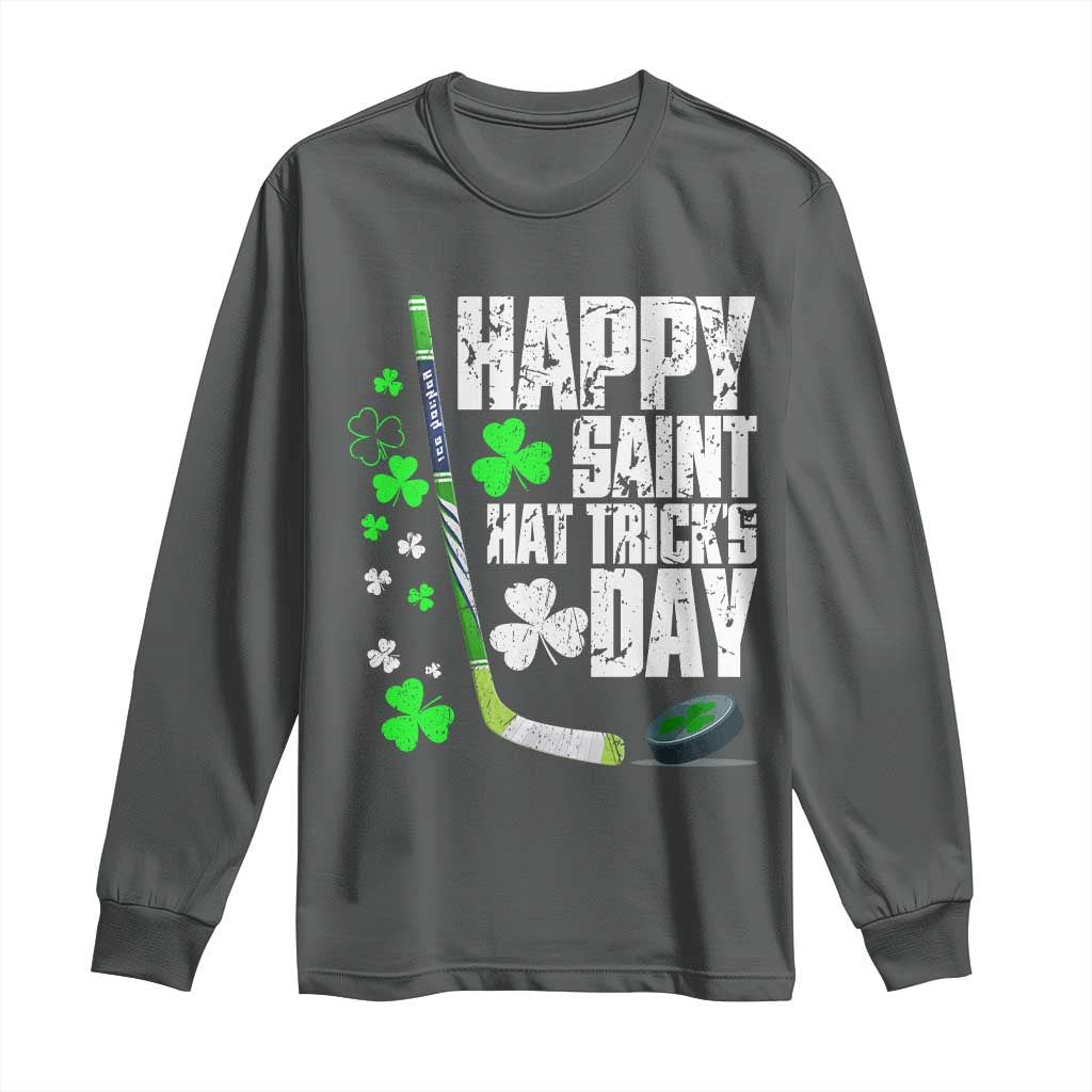 St. Patrick's Day Ice Hockey Long Sleeve Shirt Happy Saint Hat Trick's Lucky Shamrocks TS02 Dark Heather Print Your Wear