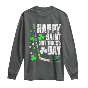 St. Patrick's Day Ice Hockey Long Sleeve Shirt Happy Saint Hat Trick's Lucky Shamrocks TS02 Dark Heather Print Your Wear