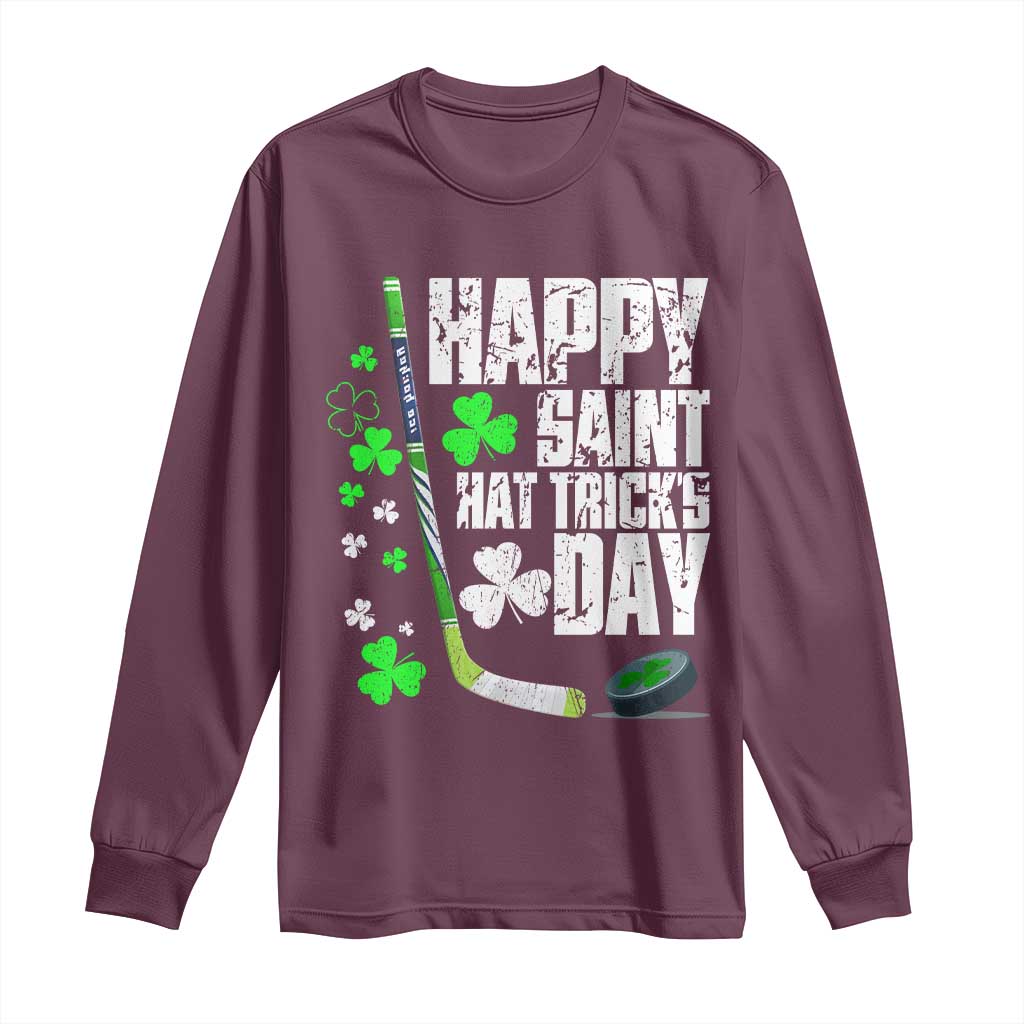 St. Patrick's Day Ice Hockey Long Sleeve Shirt Happy Saint Hat Trick's Lucky Shamrocks TS02 Maroon Print Your Wear