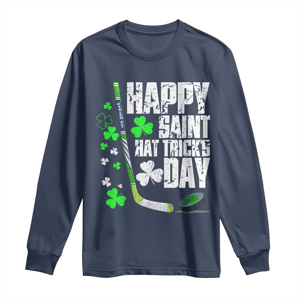 St. Patrick's Day Ice Hockey Long Sleeve Shirt Happy Saint Hat Trick's Lucky Shamrocks TS02 Navy Print Your Wear