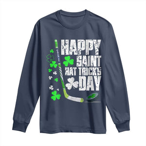 St. Patrick's Day Ice Hockey Long Sleeve Shirt Happy Saint Hat Trick's Lucky Shamrocks TS02 Navy Print Your Wear