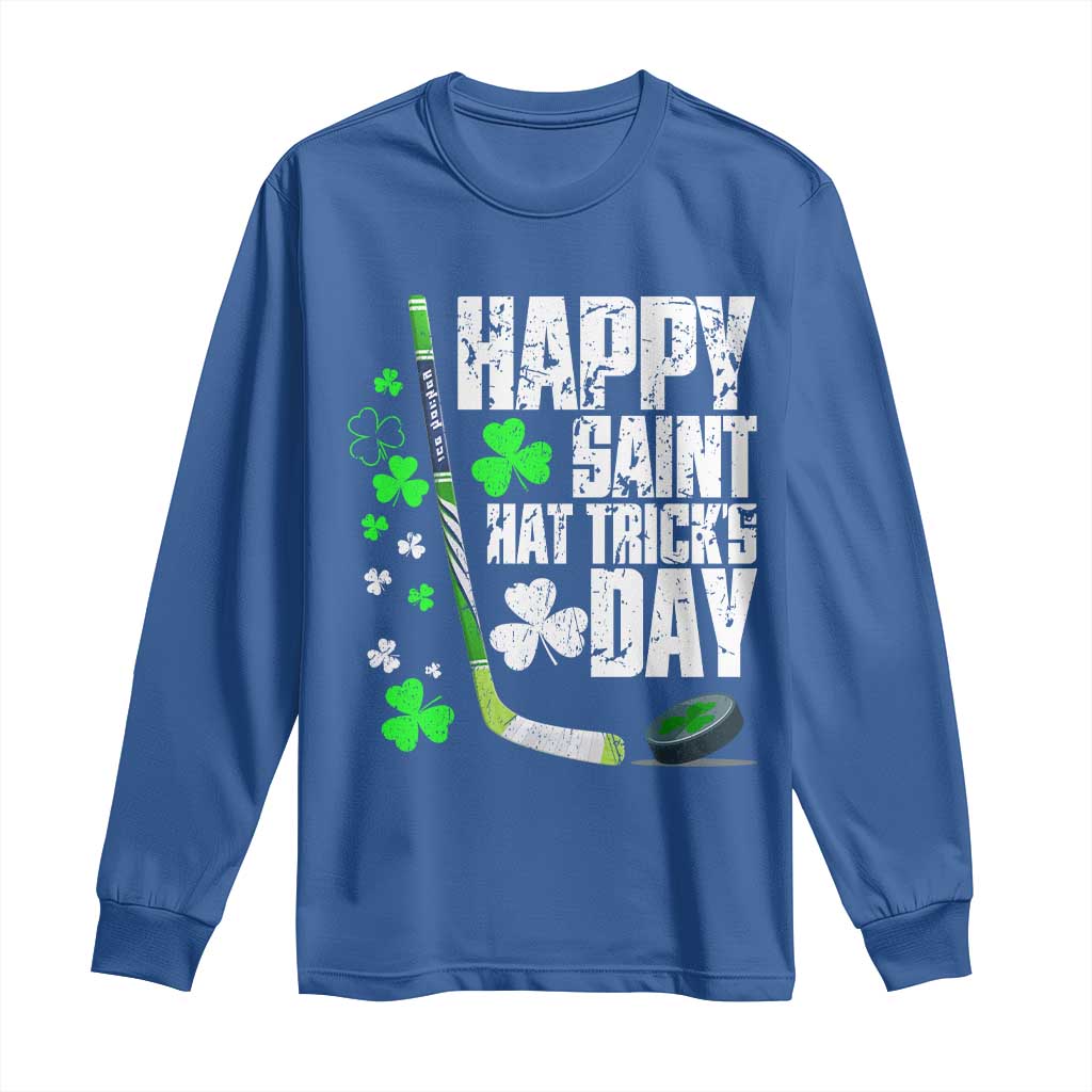 St. Patrick's Day Ice Hockey Long Sleeve Shirt Happy Saint Hat Trick's Lucky Shamrocks TS02 Royal Blue Print Your Wear