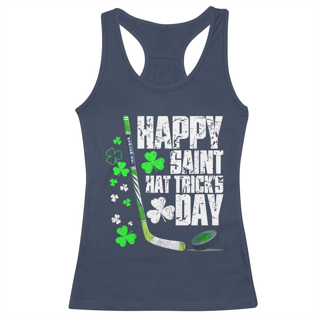 St. Patrick's Day Ice Hockey Racerback Tank Top Happy Saint Hat Trick's Lucky Shamrocks TS02 Navy Print Your Wear