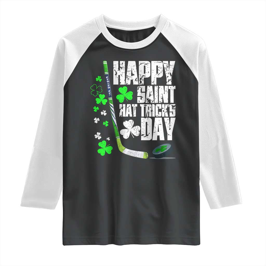 St. Patrick's Day Ice Hockey Raglan Shirt Happy Saint Hat Trick's Lucky Shamrocks TS02 Black White Print Your Wear