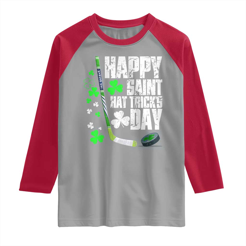 St. Patrick's Day Ice Hockey Raglan Shirt Happy Saint Hat Trick's Lucky Shamrocks TS02 Sport Gray Red Print Your Wear