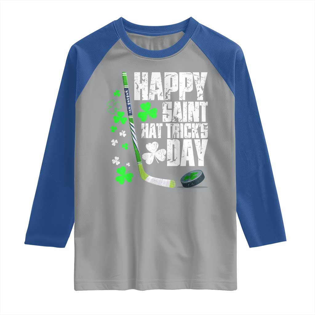 St. Patrick's Day Ice Hockey Raglan Shirt Happy Saint Hat Trick's Lucky Shamrocks TS02 Sport Gray Royal Print Your Wear