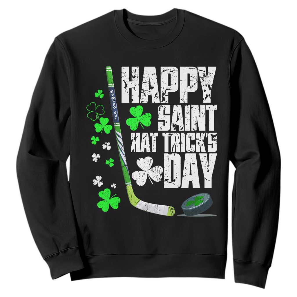 St. Patrick's Day Ice Hockey Sweatshirt Happy Saint Hat Trick's Lucky Shamrocks TS02 Black Print Your Wear