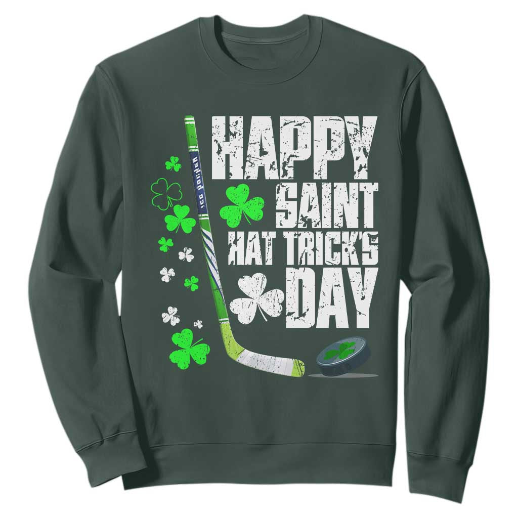St. Patrick's Day Ice Hockey Sweatshirt Happy Saint Hat Trick's Lucky Shamrocks TS02 Dark Forest Green Print Your Wear