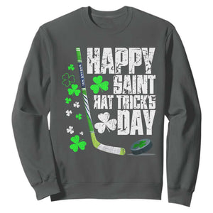 St. Patrick's Day Ice Hockey Sweatshirt Happy Saint Hat Trick's Lucky Shamrocks TS02 Dark Heather Print Your Wear