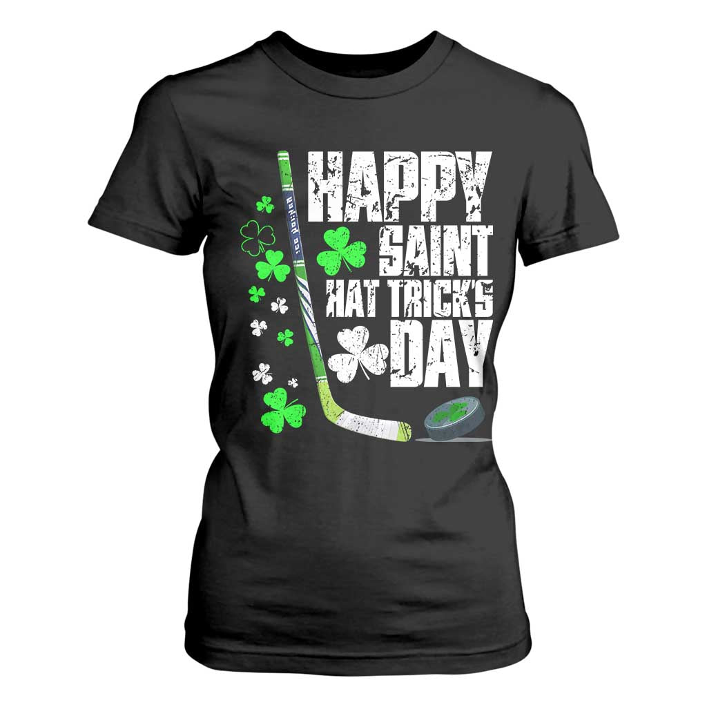 St. Patrick's Day Ice Hockey T Shirt For Women Happy Saint Hat Trick's Lucky Shamrocks TS02 Black Print Your Wear