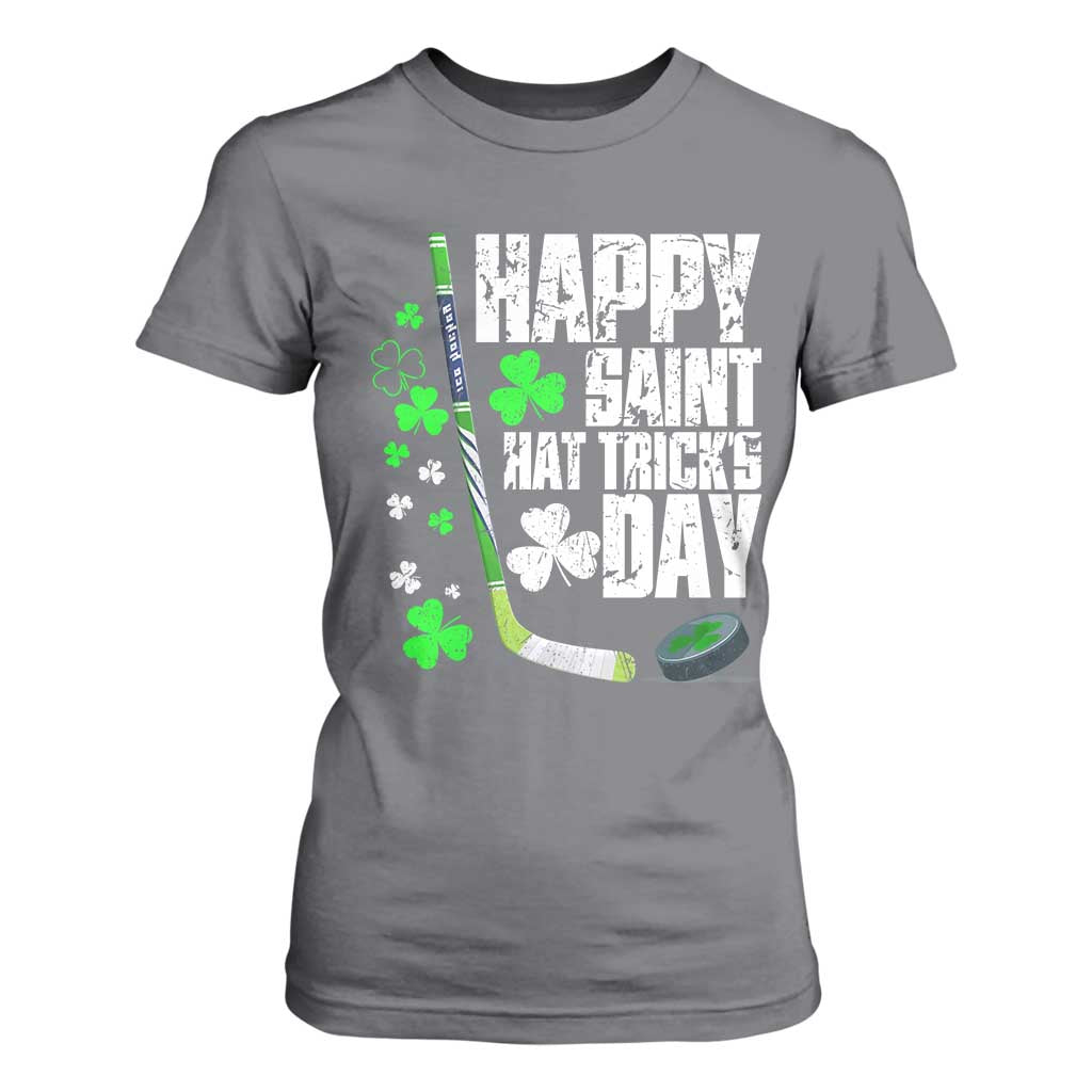 St. Patrick's Day Ice Hockey T Shirt For Women Happy Saint Hat Trick's Lucky Shamrocks TS02 Charcoal Print Your Wear