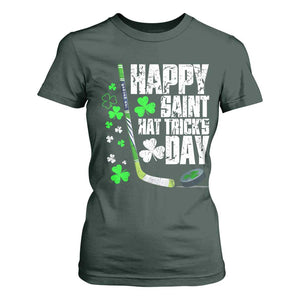 St. Patrick's Day Ice Hockey T Shirt For Women Happy Saint Hat Trick's Lucky Shamrocks TS02 Dark Forest Green Print Your Wear