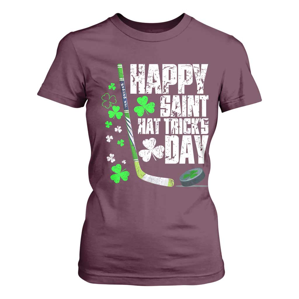 St. Patrick's Day Ice Hockey T Shirt For Women Happy Saint Hat Trick's Lucky Shamrocks TS02 Maroon Print Your Wear