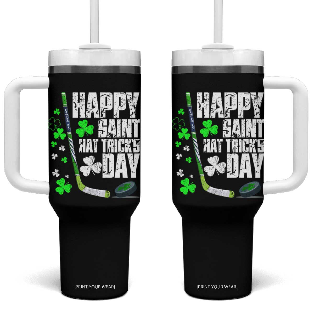 St. Patrick's Day Ice Hockey Tumbler With Handle Happy Saint Hat Trick's Lucky Shamrocks TS02 One Size: 40 oz Black Print Your Wear