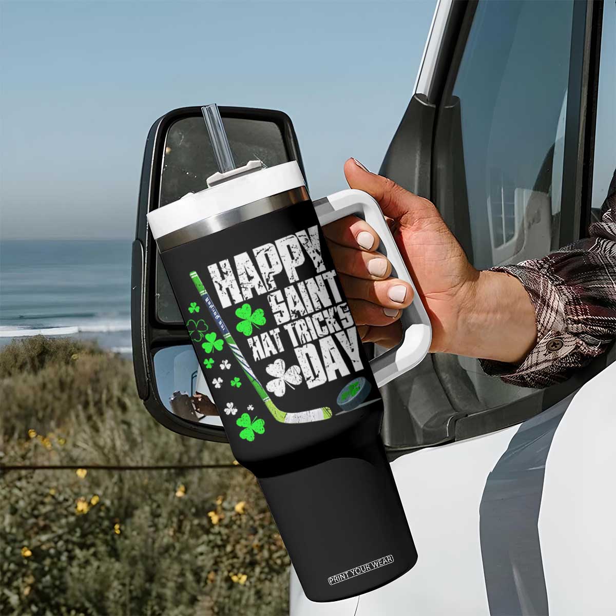 St. Patrick's Day Ice Hockey Tumbler With Handle Happy Saint Hat Trick's Lucky Shamrocks TS02 Print Your Wear