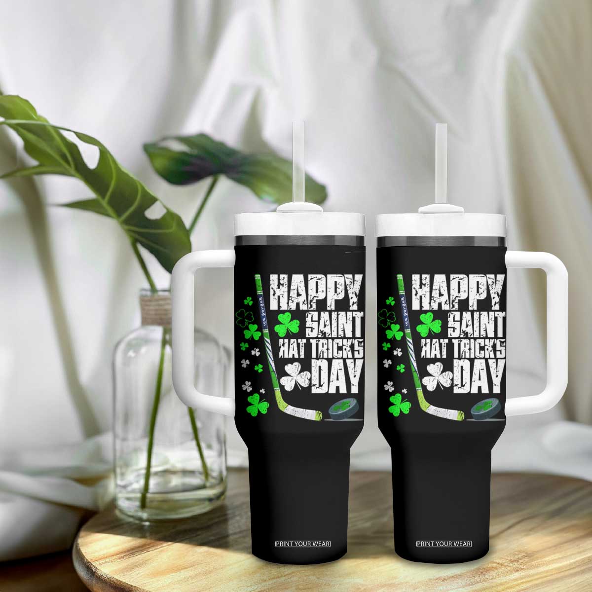 St. Patrick's Day Ice Hockey Tumbler With Handle Happy Saint Hat Trick's Lucky Shamrocks TS02 Print Your Wear