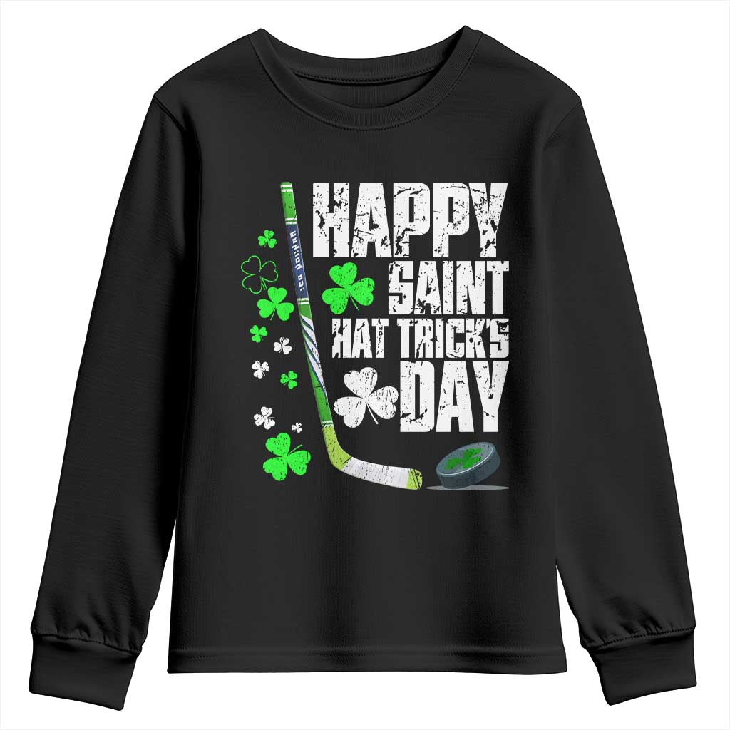 St. Patrick's Day Ice Hockey Youth Sweatshirt Happy Saint Hat Trick's Lucky Shamrocks TS02 Black Print Your Wear