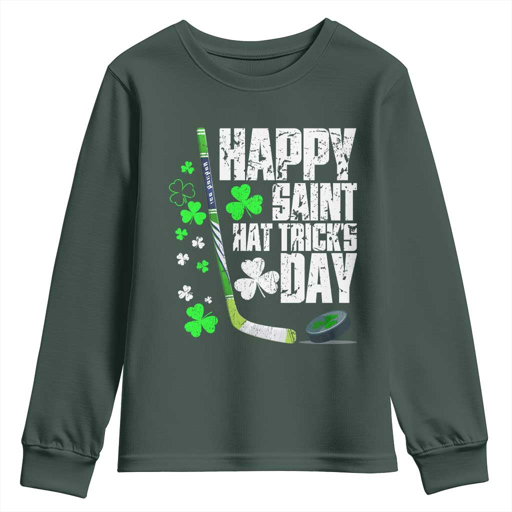 St. Patrick's Day Ice Hockey Youth Sweatshirt Happy Saint Hat Trick's Lucky Shamrocks TS02 Dark Forest Green Print Your Wear