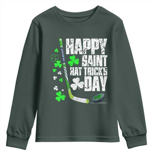 St. Patrick's Day Ice Hockey Youth Sweatshirt Happy Saint Hat Trick's Lucky Shamrocks TS02 Dark Forest Green Print Your Wear