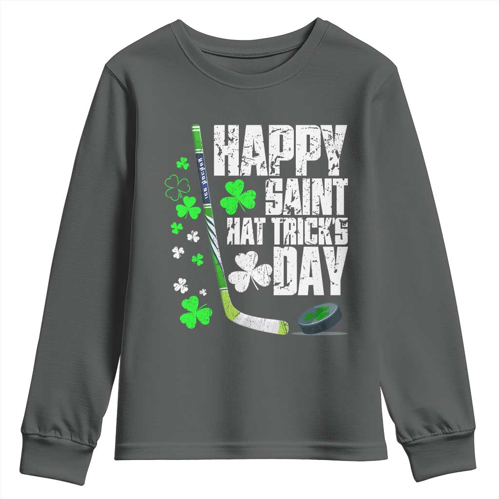 St. Patrick's Day Ice Hockey Youth Sweatshirt Happy Saint Hat Trick's Lucky Shamrocks TS02 Dark Heather Print Your Wear