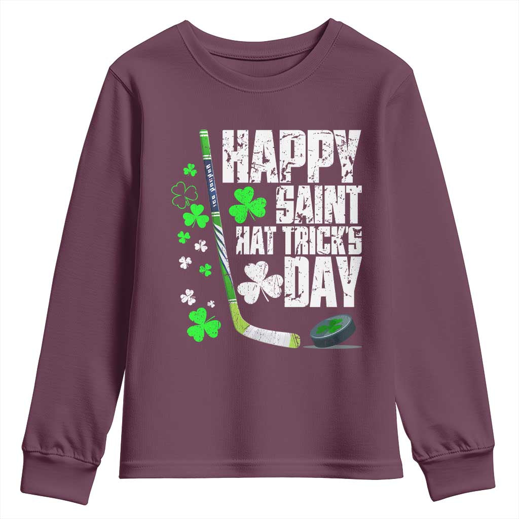 St. Patrick's Day Ice Hockey Youth Sweatshirt Happy Saint Hat Trick's Lucky Shamrocks TS02 Maroon Print Your Wear