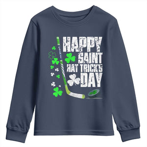 St. Patrick's Day Ice Hockey Youth Sweatshirt Happy Saint Hat Trick's Lucky Shamrocks TS02 Navy Print Your Wear