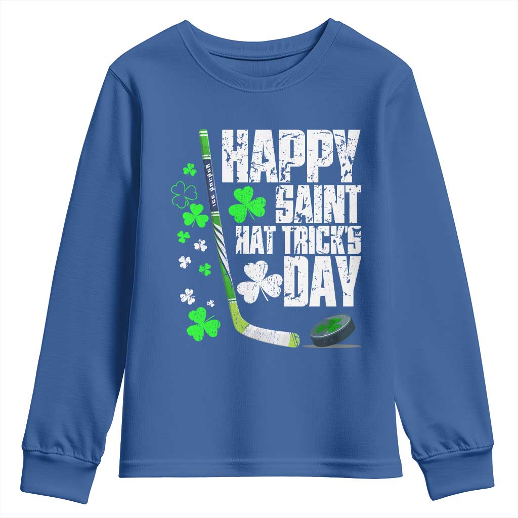 St. Patrick's Day Ice Hockey Youth Sweatshirt Happy Saint Hat Trick's Lucky Shamrocks TS02 Royal Blue Print Your Wear