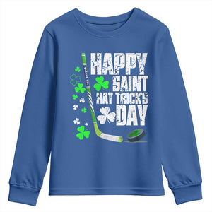 St. Patrick's Day Ice Hockey Youth Sweatshirt Happy Saint Hat Trick's Lucky Shamrocks TS02 Royal Blue Print Your Wear