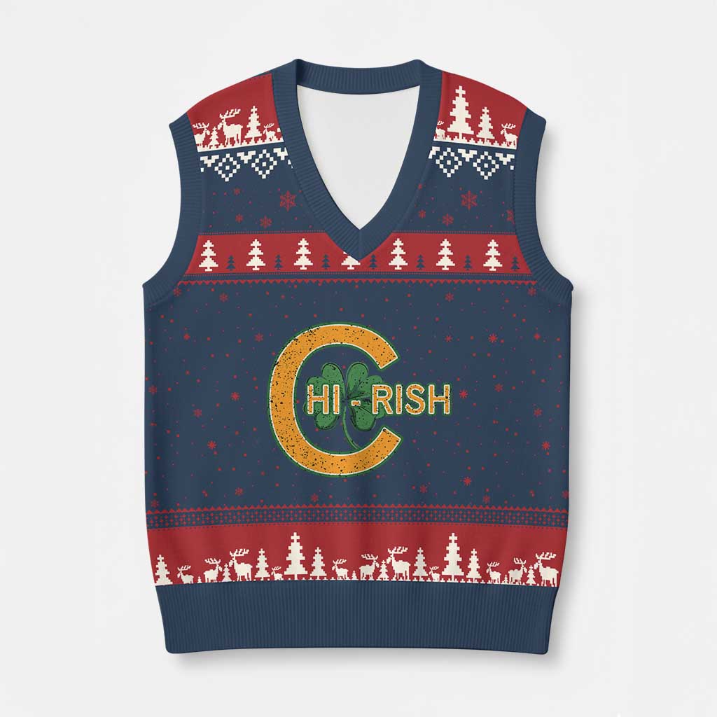 Chicago Irish Chirish V-Neck Knit Sweater Vest Happy Saint Patrick's Day Lucky Shamrock TS02 Navy Red Print Your Wear