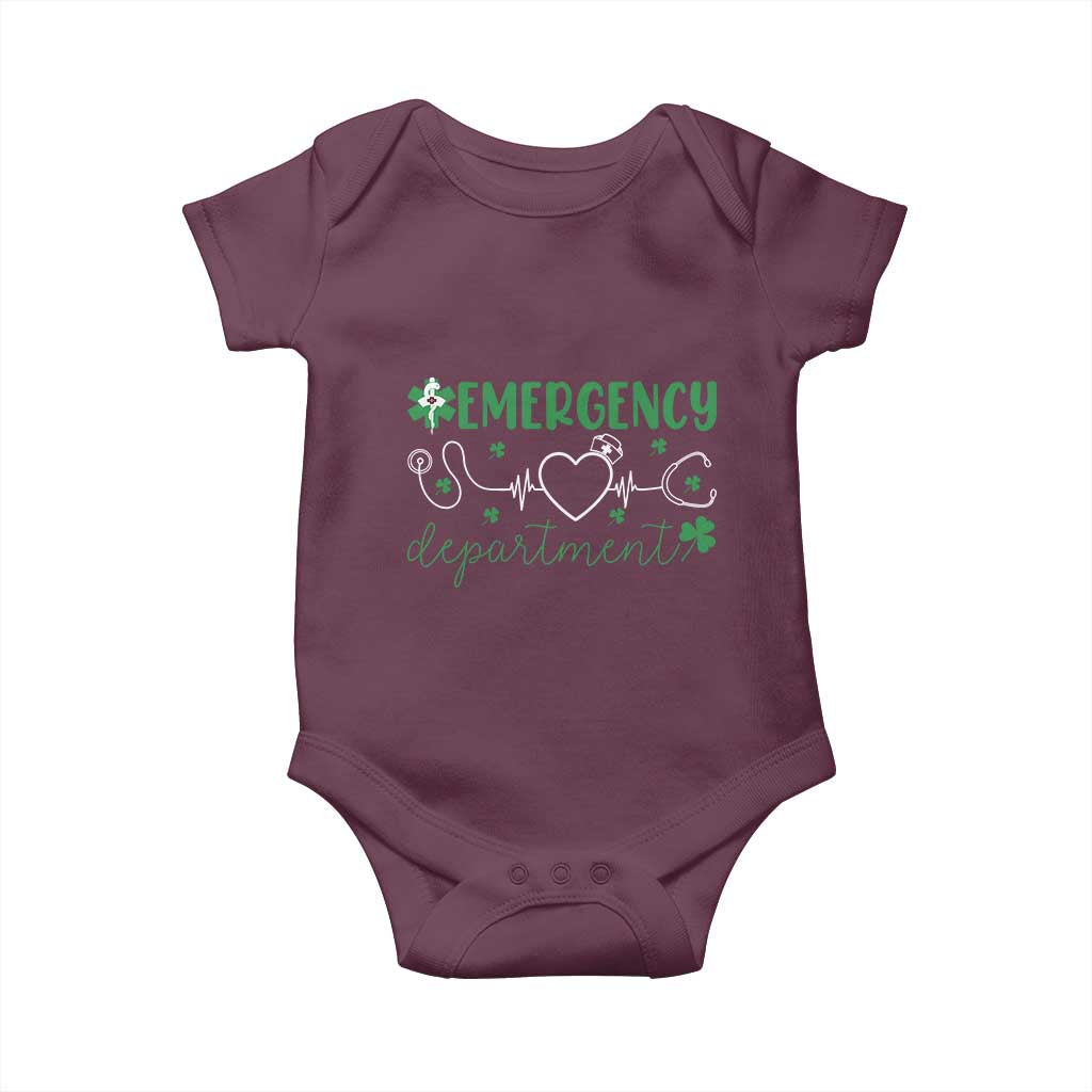 Funny St Patricks Day ER Nurse Baby Onesie Emergency Department Lucky Shamrocks TS02 Maroon Print Your Wear