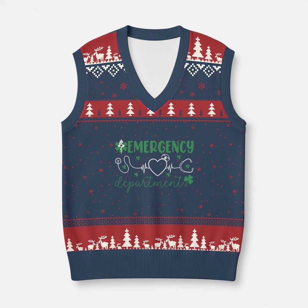 Funny St Patricks Day ER Nurse V-Neck Knit Sweater Vest Emergency Department Lucky Shamrocks TS02 Navy Red Print Your Wear