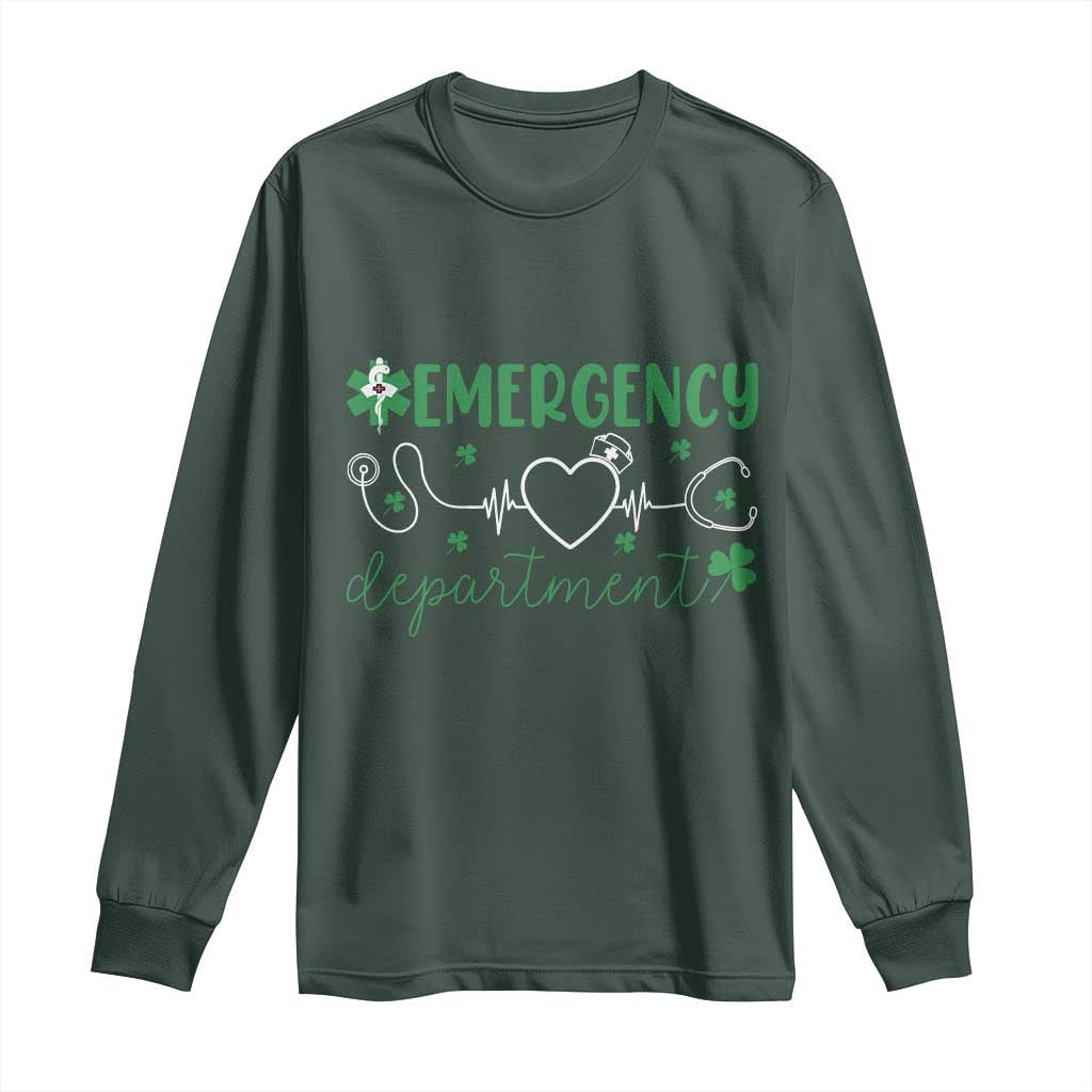 Funny St Patricks Day ER Nurse Long Sleeve Shirt Emergency Department Lucky Shamrocks TS02 Dark Forest Green Print Your Wear