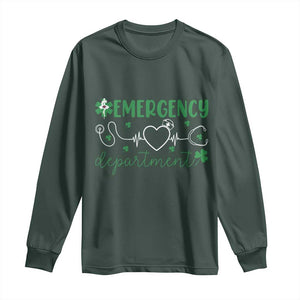 Funny St Patricks Day ER Nurse Long Sleeve Shirt Emergency Department Lucky Shamrocks TS02 Dark Forest Green Print Your Wear
