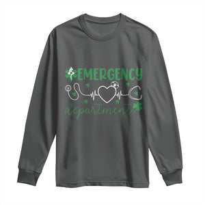 Funny St Patricks Day ER Nurse Long Sleeve Shirt Emergency Department Lucky Shamrocks TS02 Dark Heather Print Your Wear