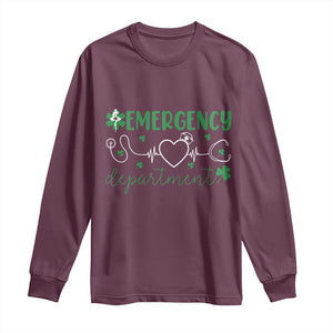 Funny St Patricks Day ER Nurse Long Sleeve Shirt Emergency Department Lucky Shamrocks TS02 Maroon Print Your Wear