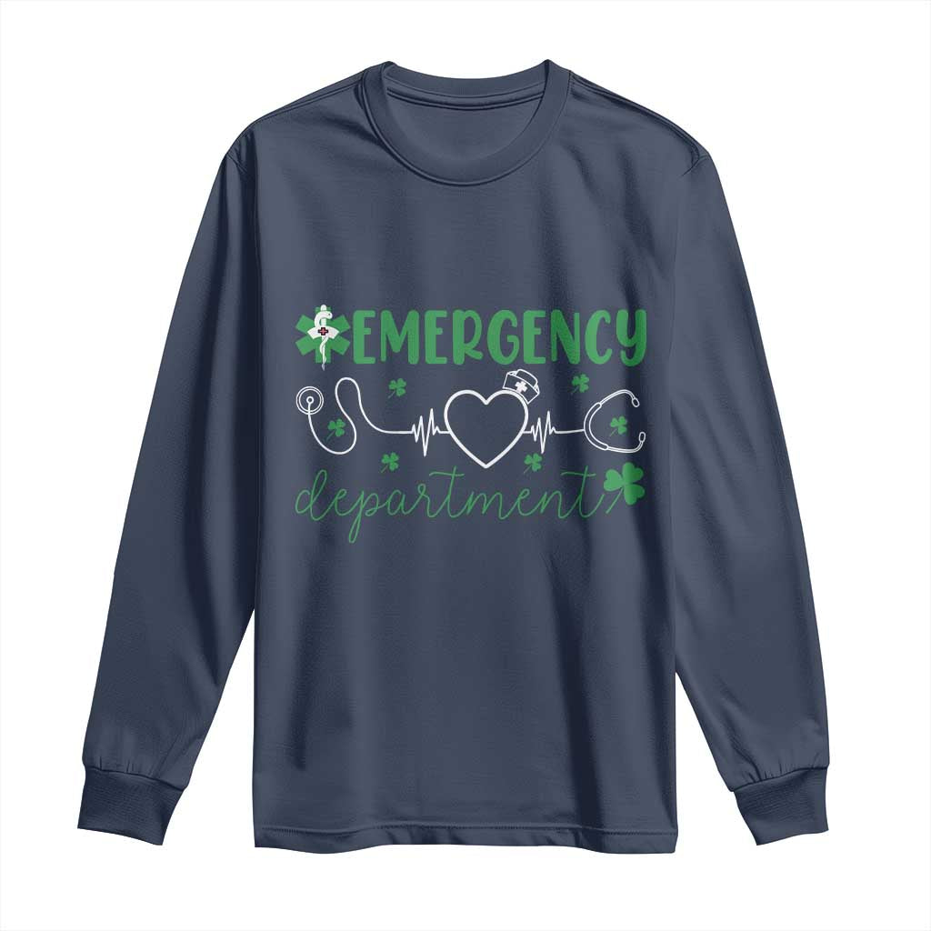 Funny St Patricks Day ER Nurse Long Sleeve Shirt Emergency Department Lucky Shamrocks TS02 Navy Print Your Wear
