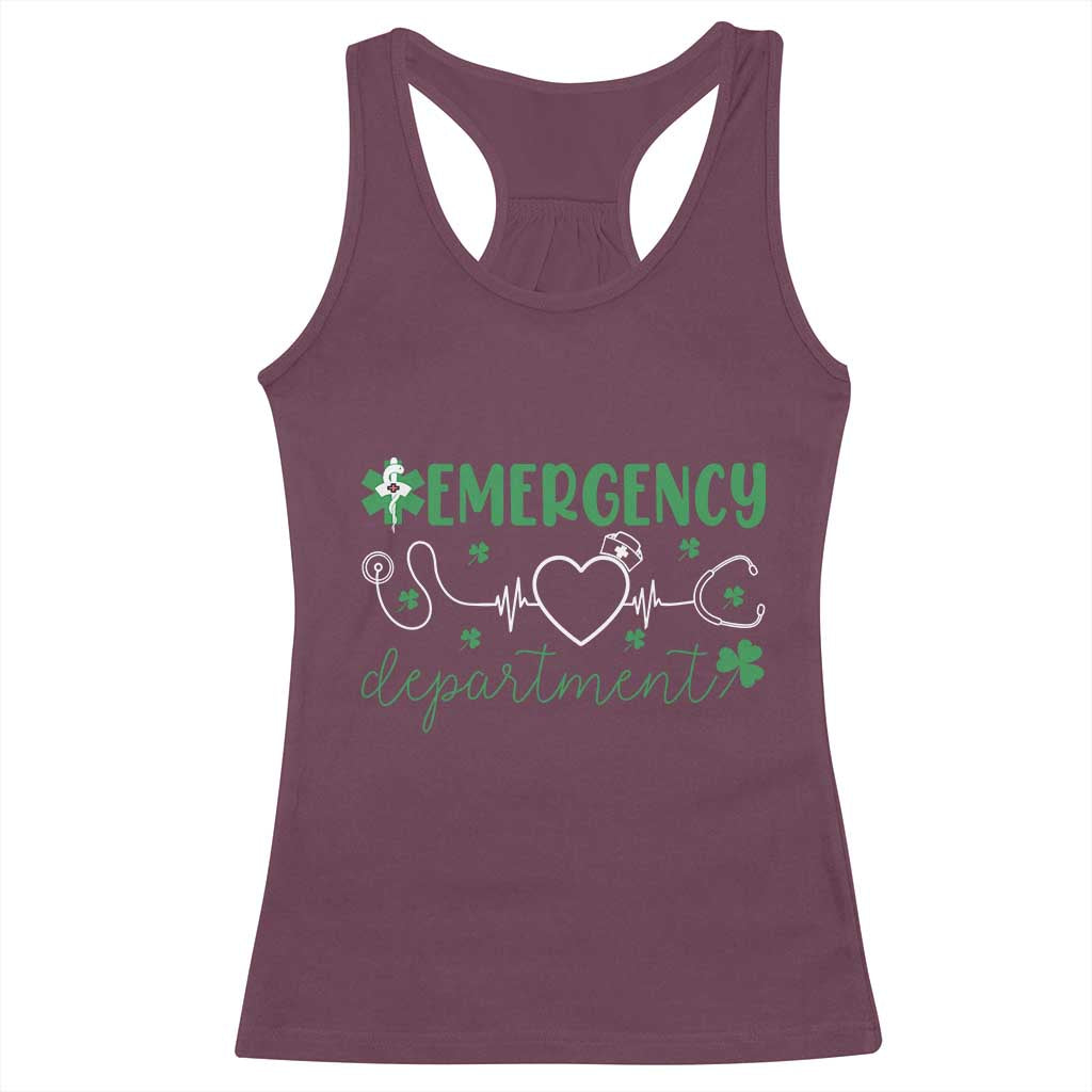 Funny St Patricks Day ER Nurse Racerback Tank Top Emergency Department Lucky Shamrocks TS02 Maroon Print Your Wear