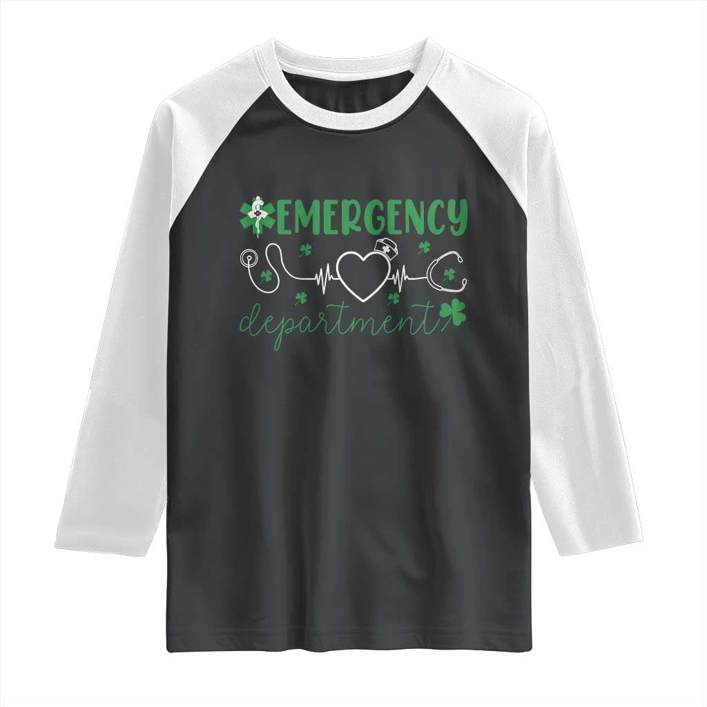 Funny St Patricks Day ER Nurse Raglan Shirt Emergency Department Lucky Shamrocks TS02 Black White Print Your Wear