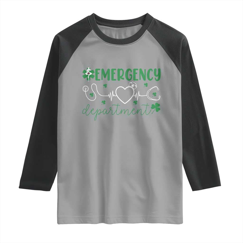 Funny St Patricks Day ER Nurse Raglan Shirt Emergency Department Lucky Shamrocks TS02 Sport Gray Black Print Your Wear