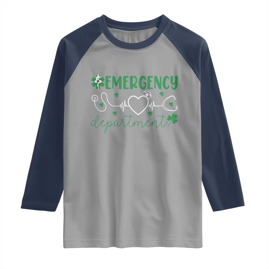 Funny St Patricks Day ER Nurse Raglan Shirt Emergency Department Lucky Shamrocks TS02 Sport Gray Navy Print Your Wear