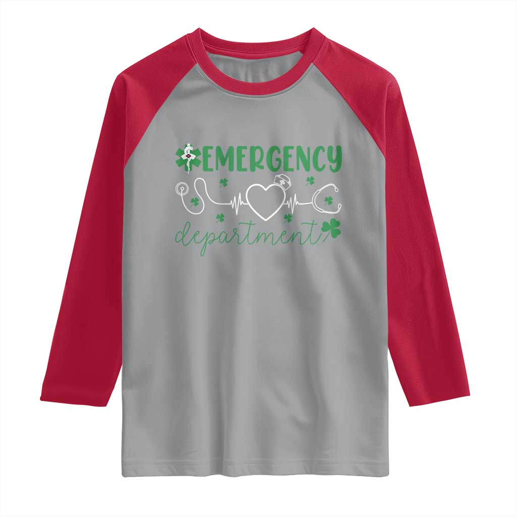 Funny St Patricks Day ER Nurse Raglan Shirt Emergency Department Lucky Shamrocks TS02 Sport Gray Red Print Your Wear