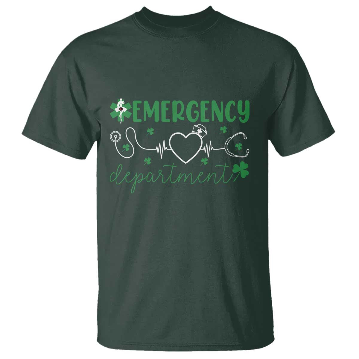 Funny St Patricks Day ER Nurse T Shirt Emergency Department Lucky Shamrocks TS02 Dark Forest Green Print Your Wear