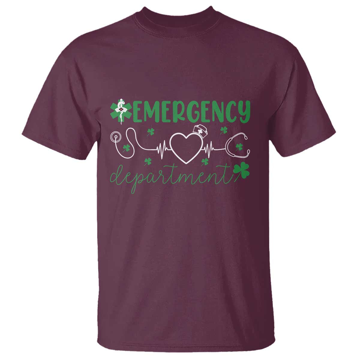 Funny St Patricks Day ER Nurse T Shirt Emergency Department Lucky Shamrocks TS02 Maroon Print Your Wear