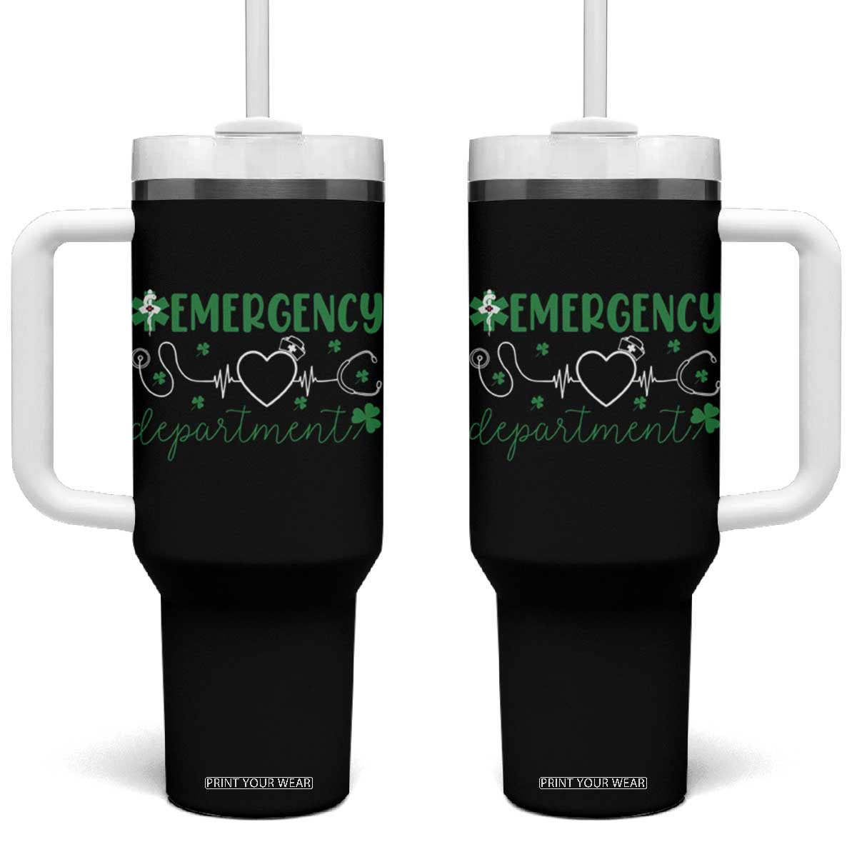 Funny St Patricks Day ER Nurse Tumbler With Handle Emergency Department Lucky Shamrocks TS02 One Size: 40 oz Black Print Your Wear