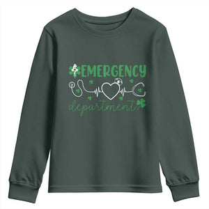 Funny St Patricks Day ER Nurse Youth Sweatshirt Emergency Department Lucky Shamrocks TS02 Dark Forest Green Print Your Wear