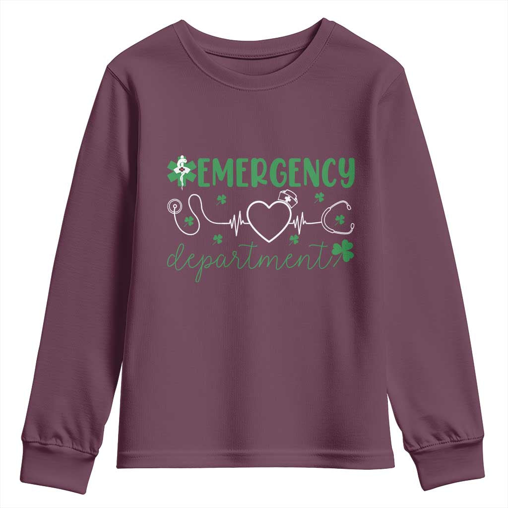 Funny St Patricks Day ER Nurse Youth Sweatshirt Emergency Department Lucky Shamrocks TS02 Maroon Print Your Wear