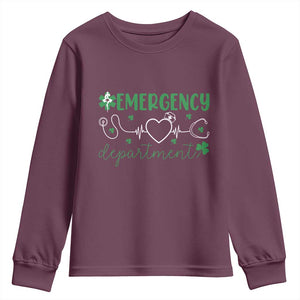Funny St Patricks Day ER Nurse Youth Sweatshirt Emergency Department Lucky Shamrocks TS02 Maroon Print Your Wear